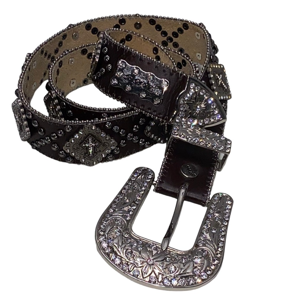 BHW Womens Brown Leather Style Rhinestone Jewel Studded Western Buckle Belt Sz L